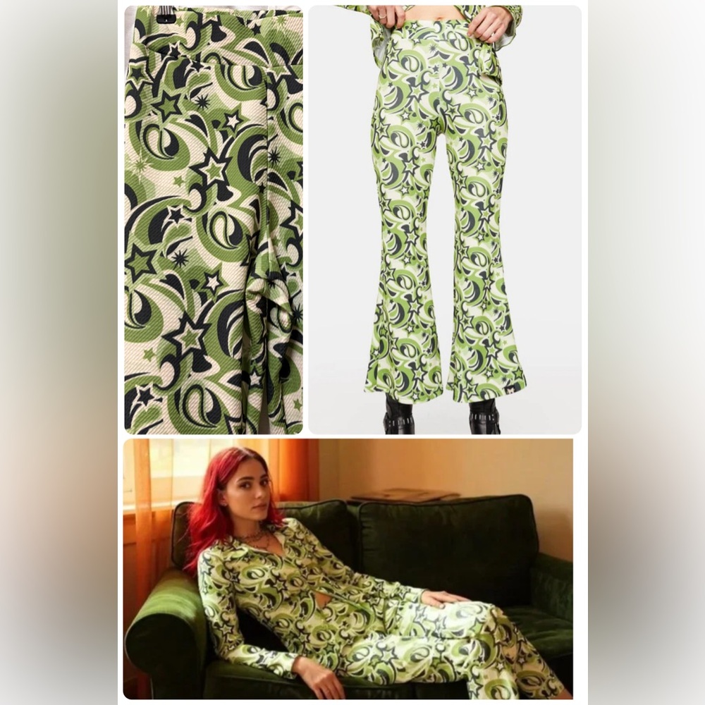 Dolls Kill BADEE Milky Way Groovy Swirl Flare Pants Cropped M Green Black Y2K